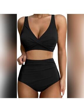 NWT GRAPENT Two Piece High Waist Twist Front V Neck Tie Back Swimsuit, L (12-14)
